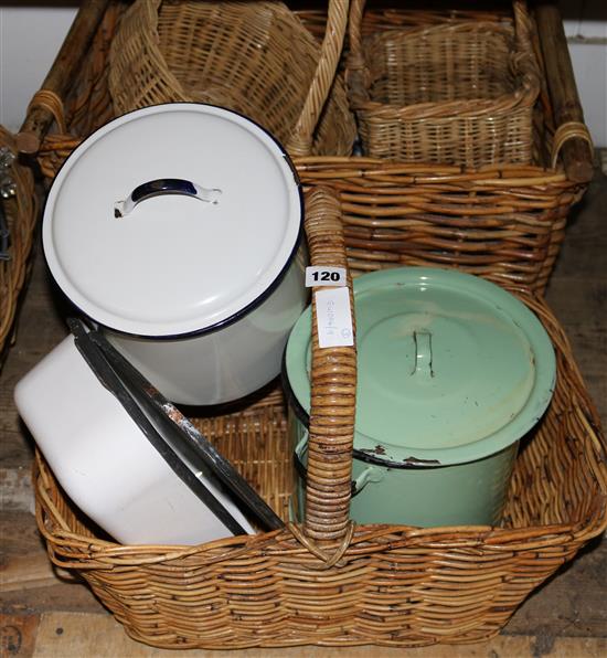 Qty baskets, enamel, ceramics etc